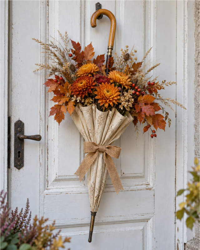 umbrella-decoration-838 Cream umbrella decorated with orange flowers and autumn leaves