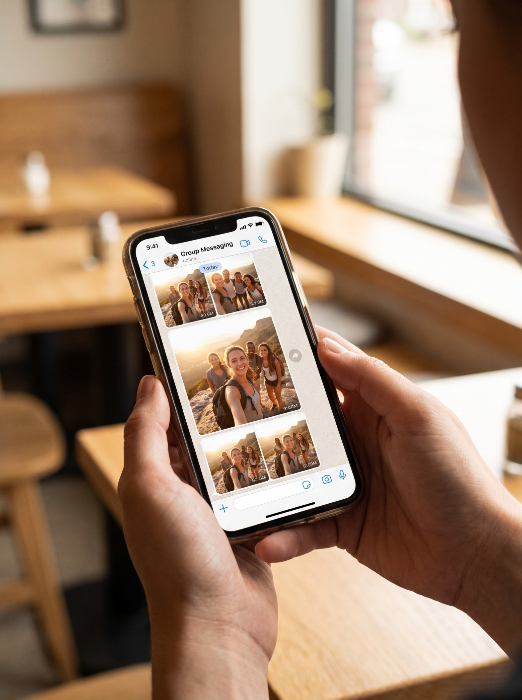Messages in a group chat with photos of friends on vacation.