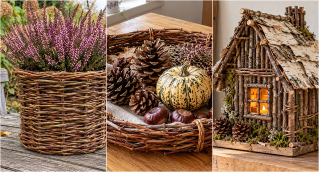 Wicker wreath with pinecones and dried flowers on a door