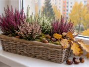 Window Sills Don’t Have to Be Empty in Autumn: 20 Beautiful Ideas with Heather, Pumpkins, and Natural Materials Wicker basket with heather and autumn decorations on a window sill