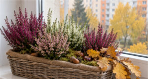 Window Sills Don’t Have to Be Empty in Autumn: 20 Beautiful Ideas with Heather, Pumpkins, and Natural Materials Wicker basket with heather and autumn decorations on a window sill