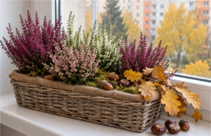 Window Sills Don’t Have to Be Empty in Autumn: 20 Beautiful Ideas with Heather, Pumpkins, and Natural Materials Wicker basket with heather and autumn decorations on a window sill