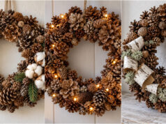 Beautiful Winter Pinecone Wreath You Can Make in One Afternoon for Almost Nothing Richly decorated pinecone wreath with green branches and a jute bow