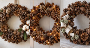 Beautiful Winter Pinecone Wreath You Can Make in One Afternoon for Almost Nothing Richly decorated pinecone wreath with green branches and a jute bow