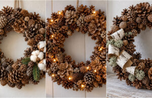 Beautiful Winter Pinecone Wreath You Can Make in One Afternoon for Almost Nothing Richly decorated pinecone wreath with green branches and a jute bow