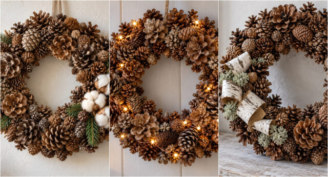 winter-wreath-492 Richly decorated pinecone wreath with green branches and a jute bow