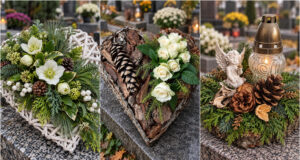 Not Much Space on the Grave? Subtle All Souls’ Day Decorations That Won’t Cover the Whole Headstone Wreath with candle and houseleeks on a small grave