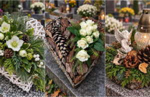 Not Much Space on the Grave? Subtle All Souls’ Day Decorations That Won’t Cover the Whole Headstone Wreath with candle and houseleeks on a small grave